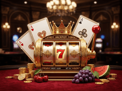 A high-end digital casino interface featuring luxury gold elements and slot machines.